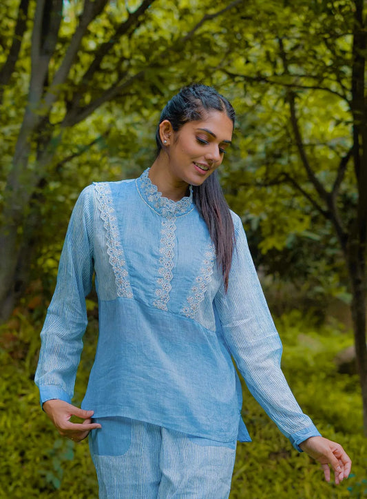 Lace Collar Blue Cotton Tunic/ Top