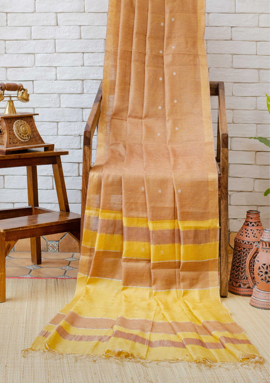 Handwoven Pure Tussar Soft Silk Tissue Mustard Saree