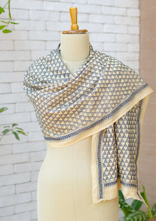 Kantha Work Hand Embroidered Tussar Stole in Beige Color