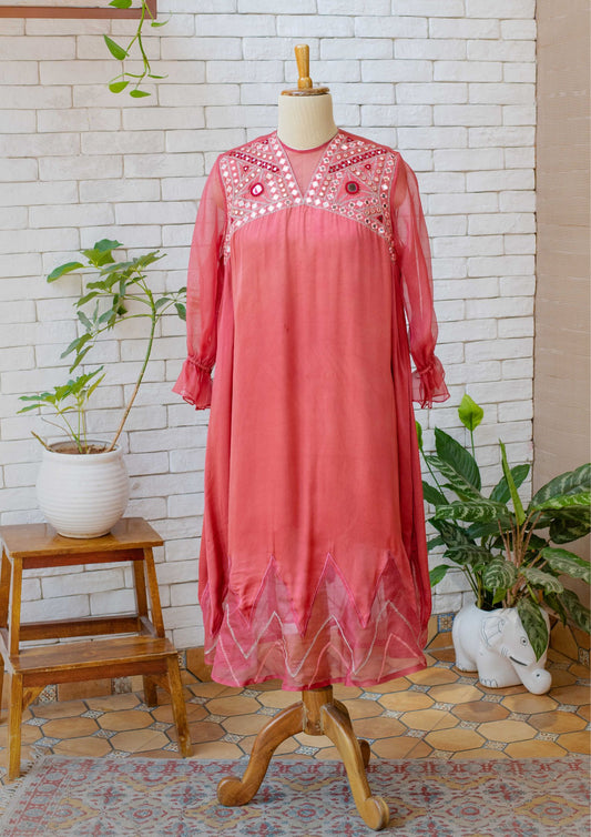 Red Mirror Embroidered Organza Sleeves Dress