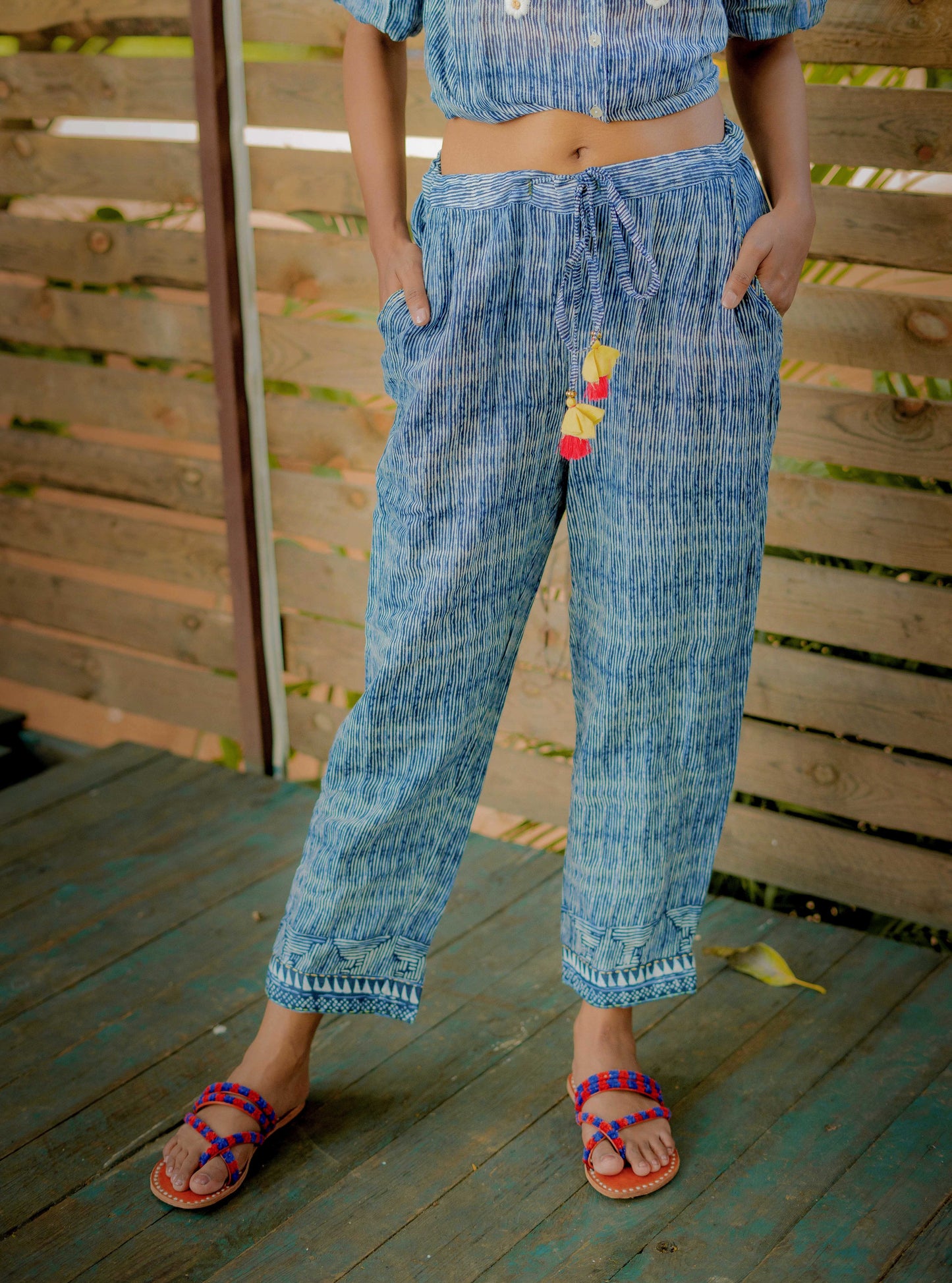 Cotton Stripe Pants with Embroidery Detail