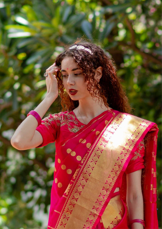 Pure Silk Handloom Kanchi Saree in Rani Pink Colour