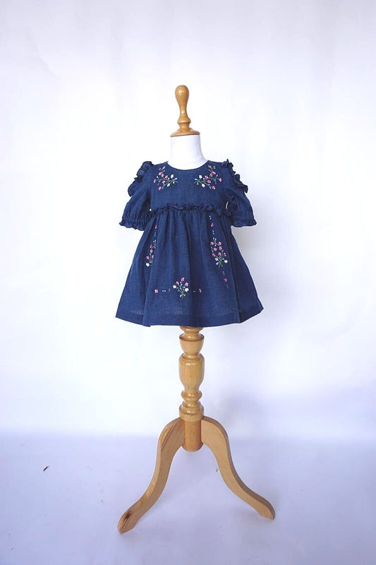 Blue Embroidered Dress with Cold Shoulder for kids