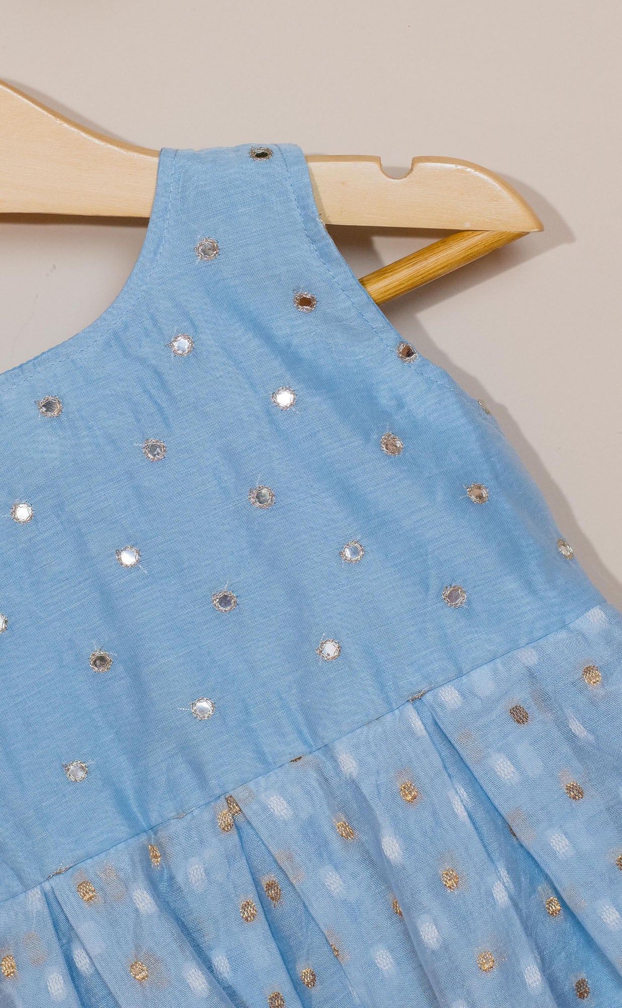 Sky Blue Chanderi Frock with Mirror Embroidery for kids