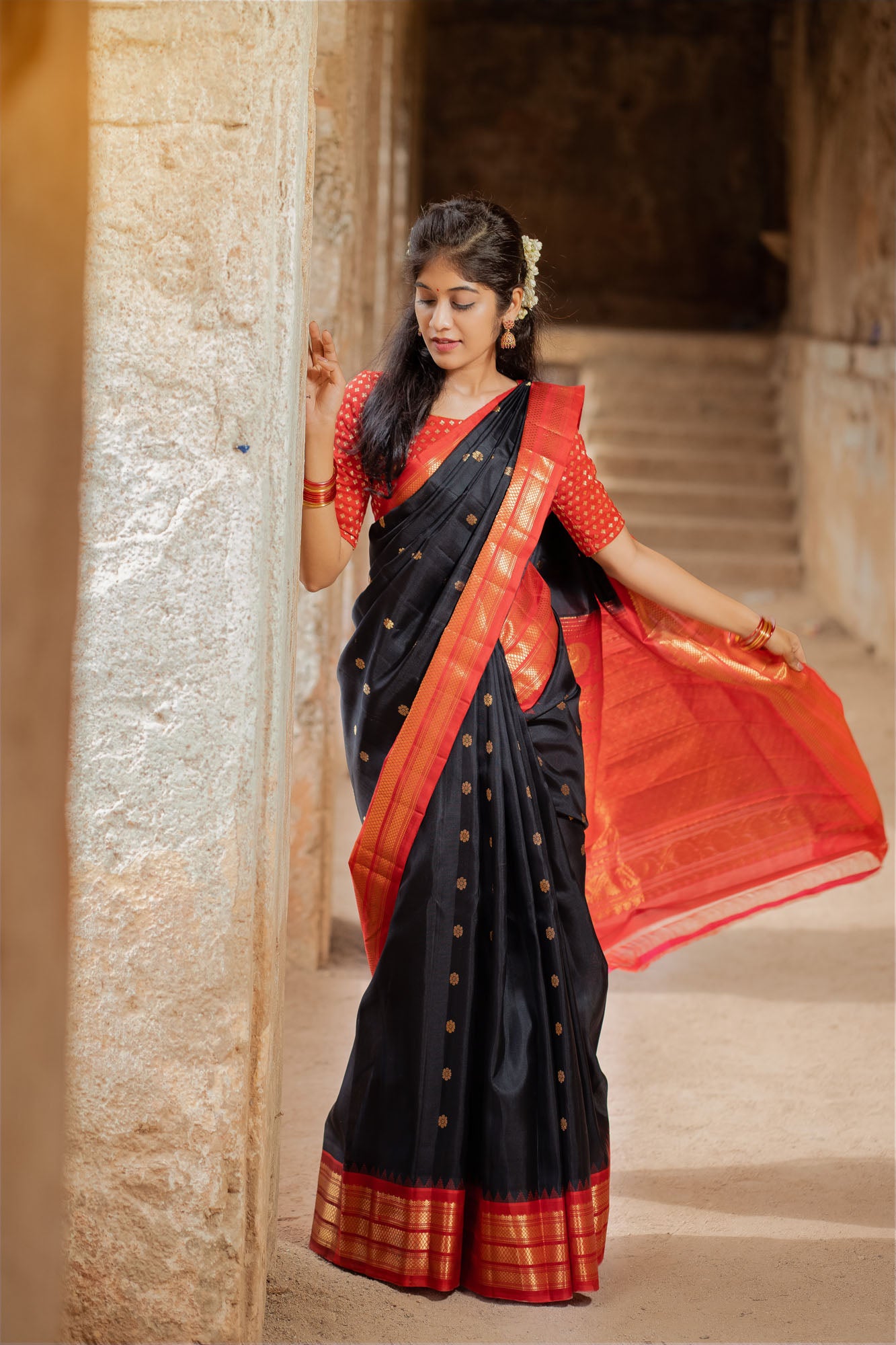 Black and Red Handwoven Gadwal Silk Saree