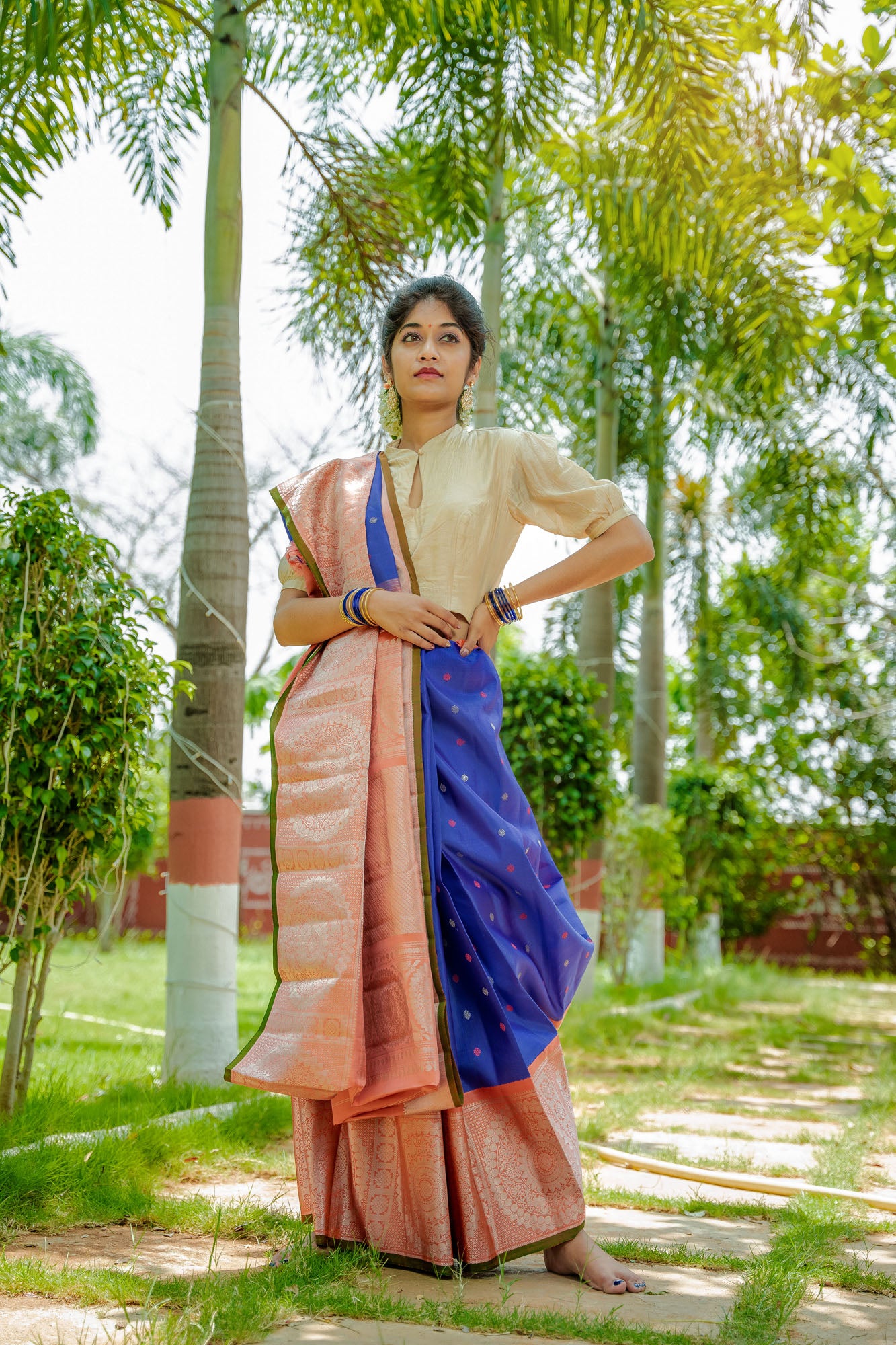 Blue and Peach Pure Silk Handwoven Gadwal saree