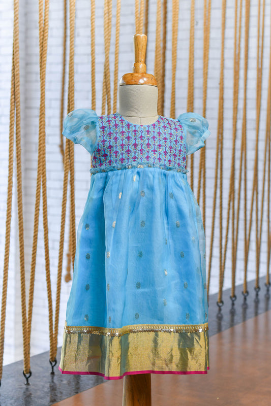 Hand Embroidered Chanderi Frock in Sky Blue for kids