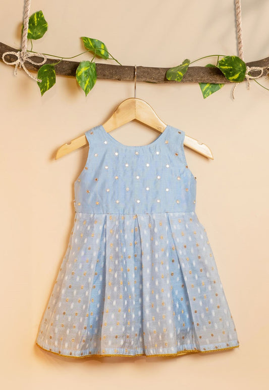 Sky Blue Chanderi Frock with Mirror Embroidery for kids