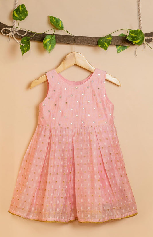 Pink Chanderi Frock with Mirror Embroidery for kids