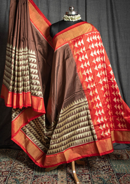 Ikat Silk Saree in Brown and Orange