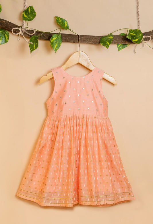 Peach Chanderi Frock with Mirror Embroidery for kids
