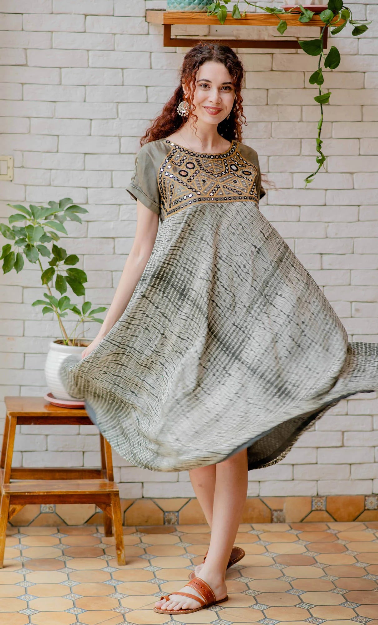 Grey Shibori Mirror Embroidered Dress