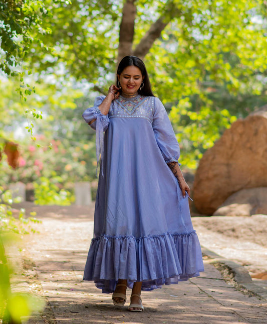 Embroidered Chanderi Blue Long Dress with Slit Sleeves