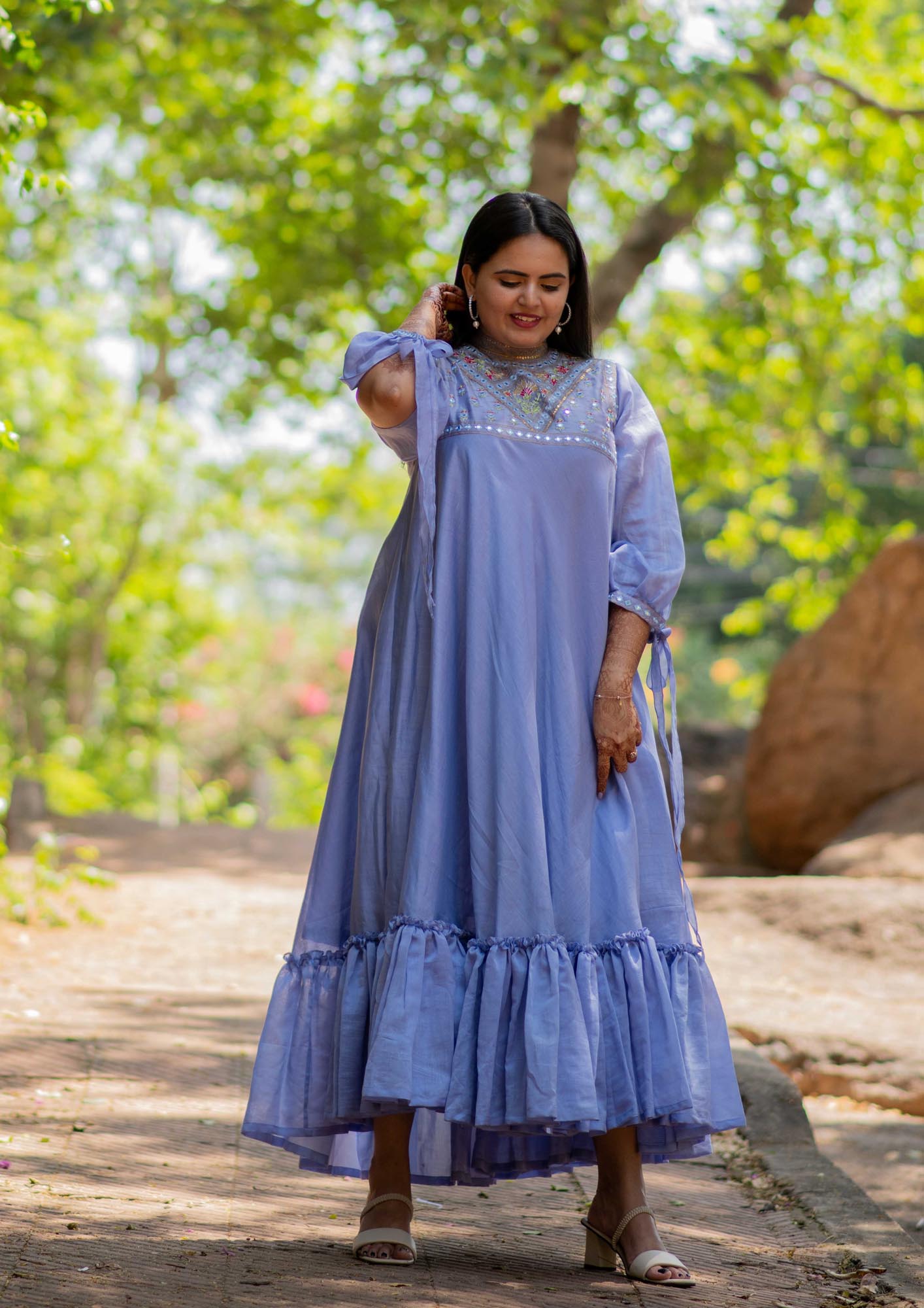 Embroidered Chanderi Blue Long Dress with Slit Sleeves