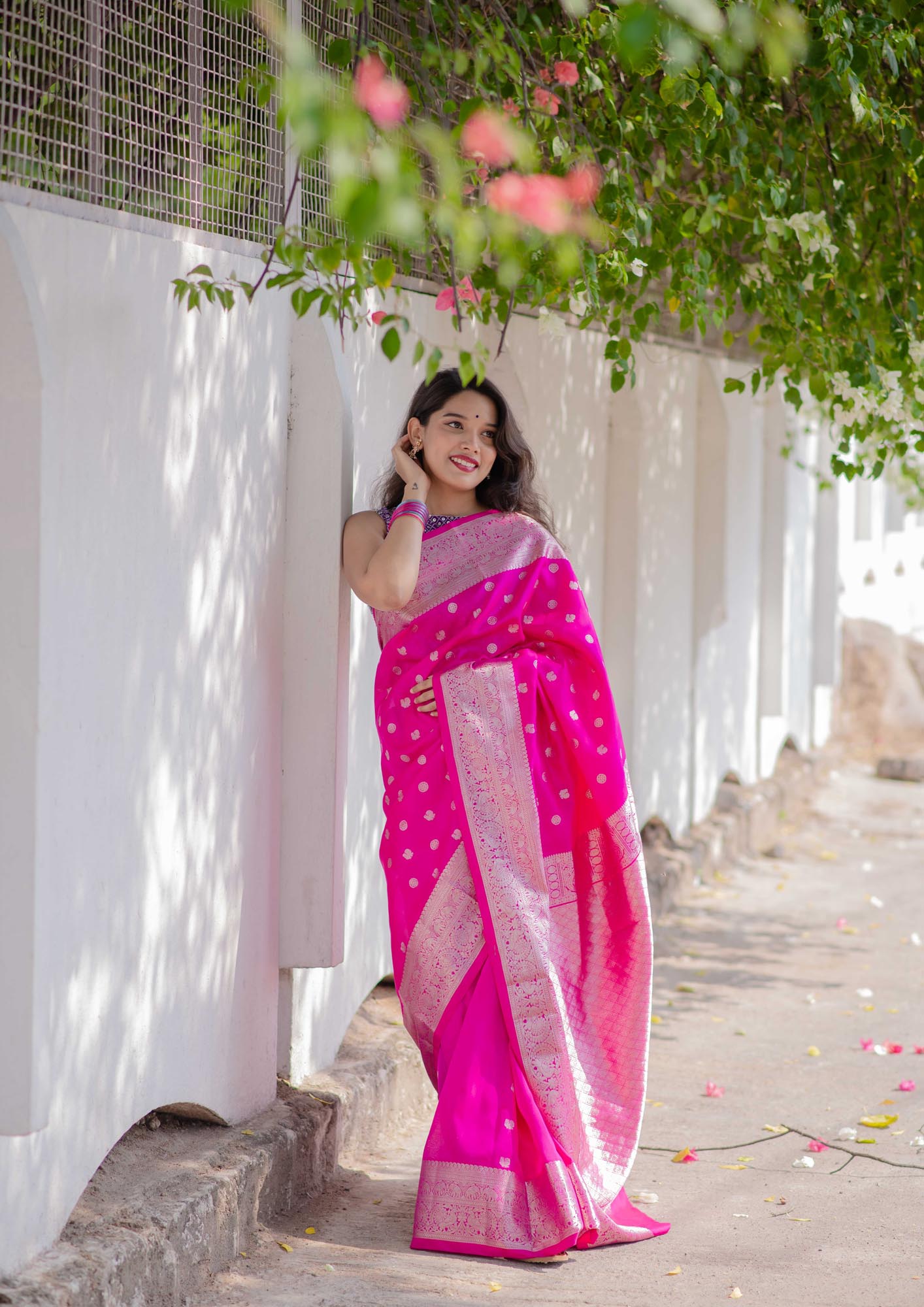 Light Pink and Dark Pink half n half with Silver Border Multidye Linen Saree  - Loomfolks