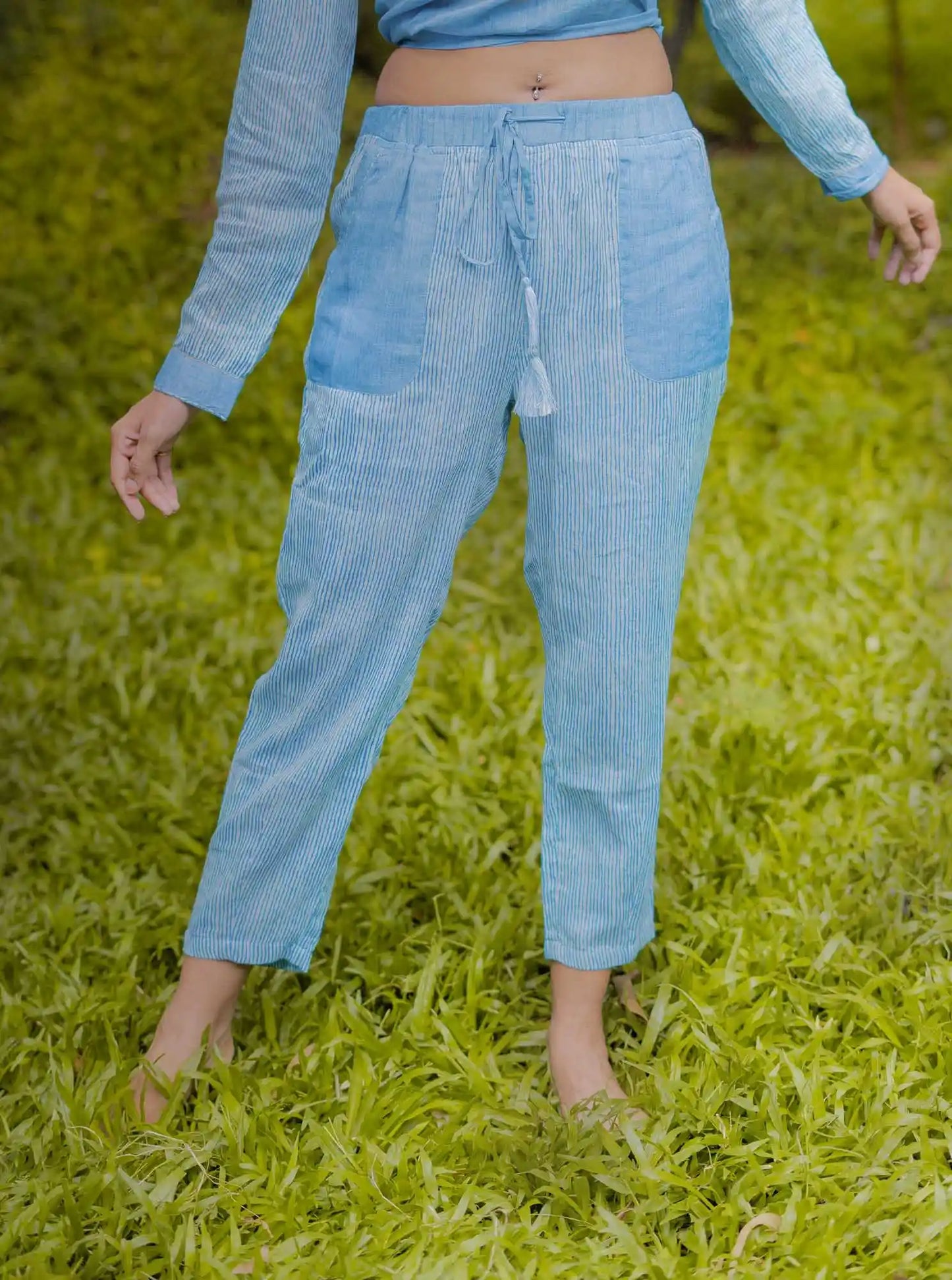 Blue Cotton Stripe Pant with Embroidery Detail