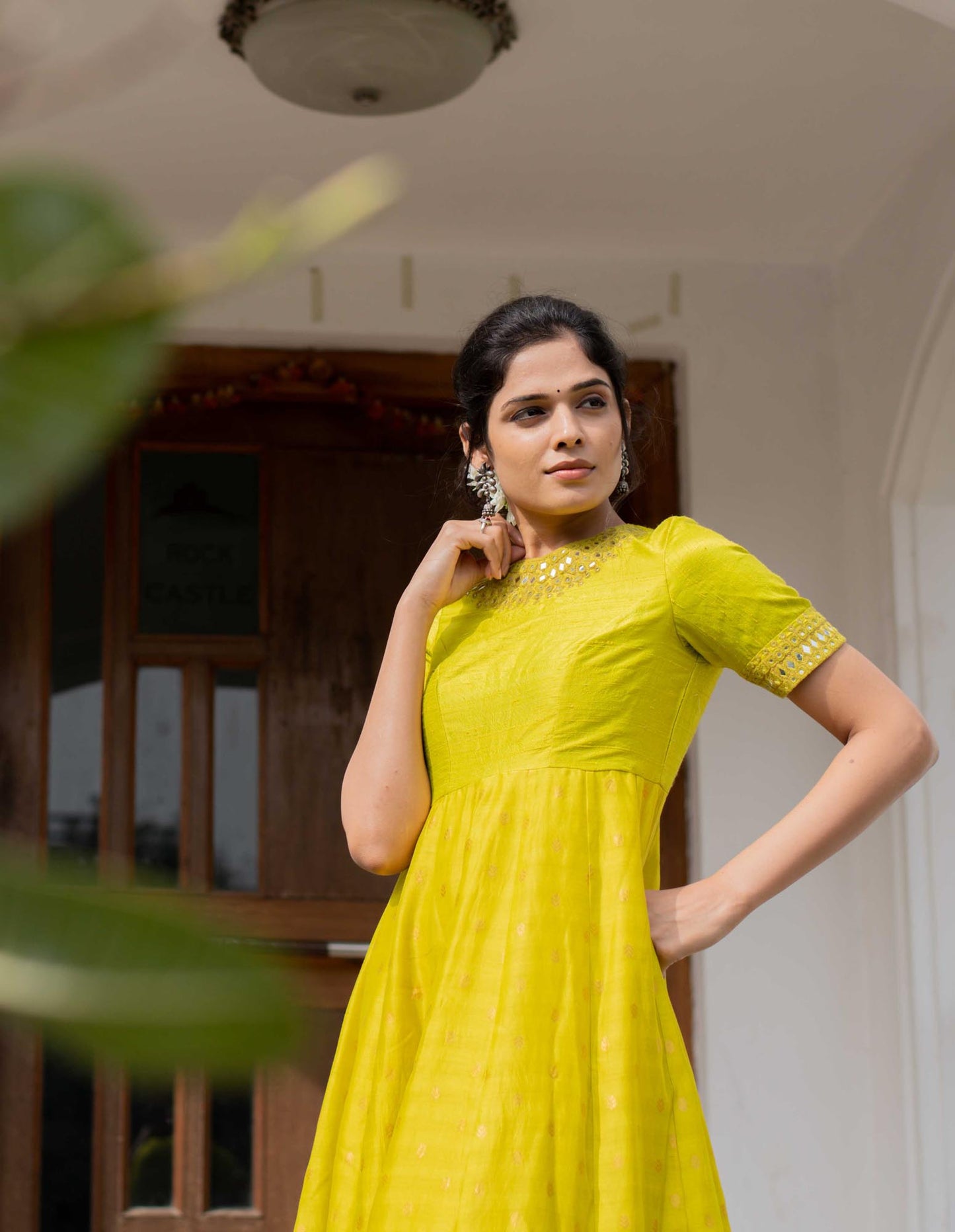Mirror Embroidered Lime Green Long Dress in Raw Silk and Chanderi
