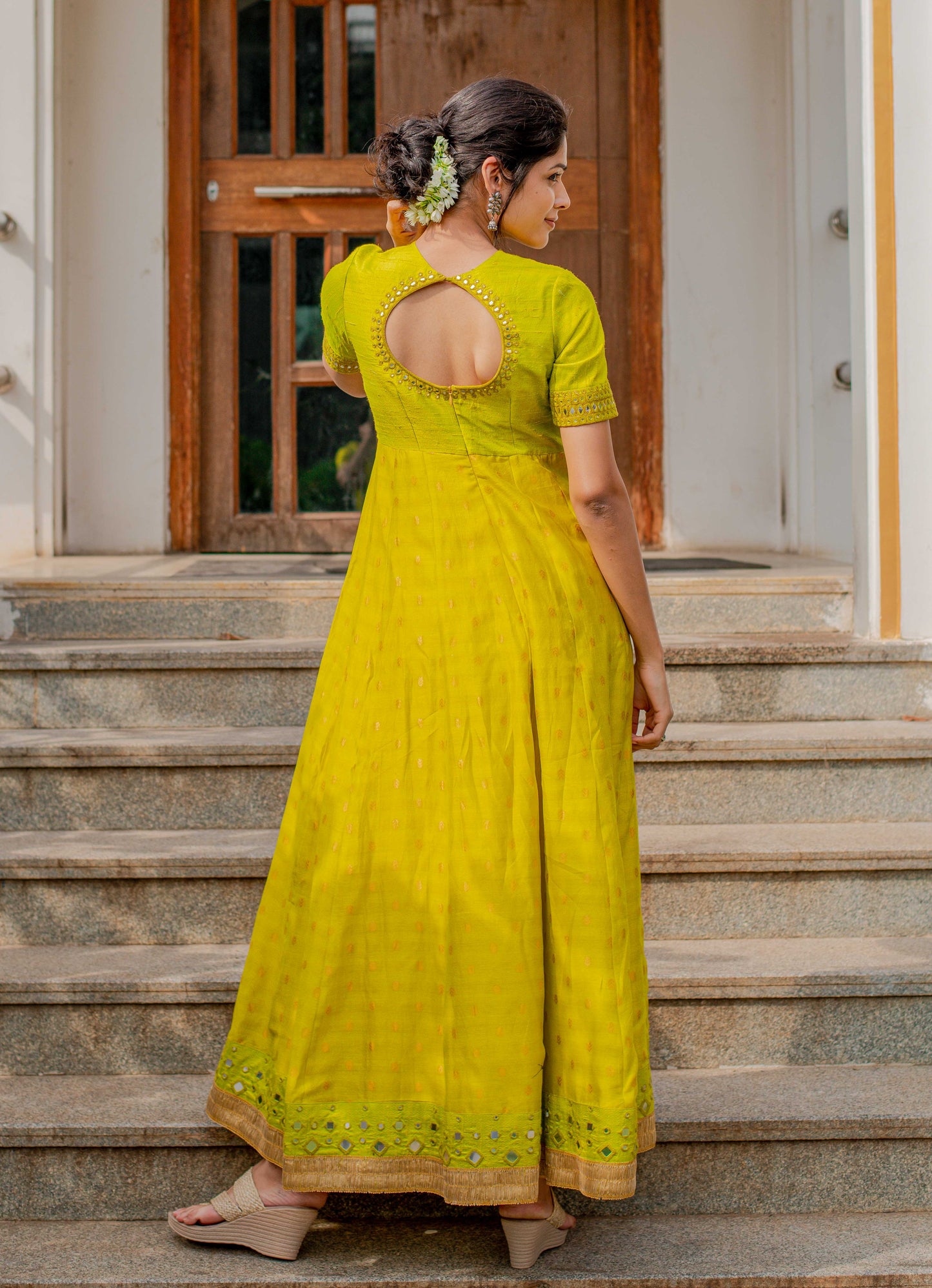 Mirror Embroidered Lime Green Long Dress in Raw Silk and Chanderi