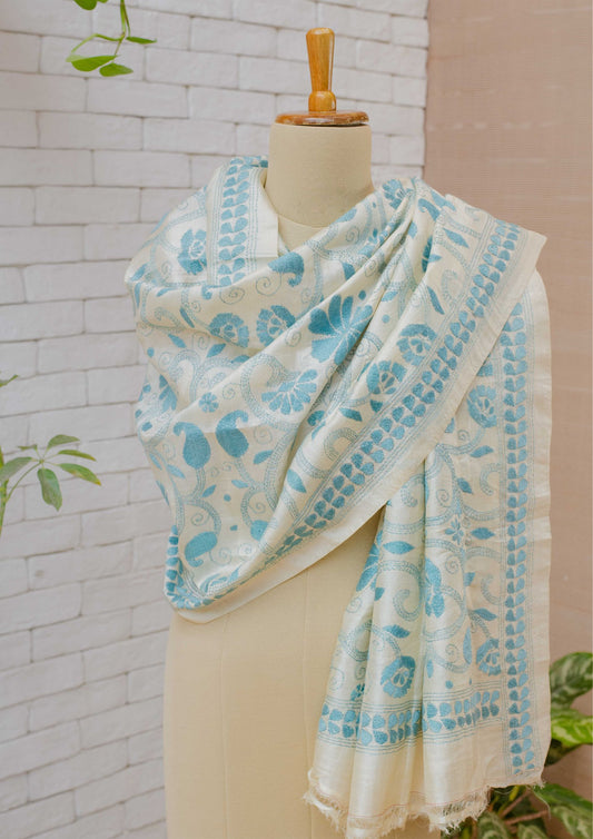 Hand Embroidered Pure Silk Kantha Work Dupatta in White & Blue Colour