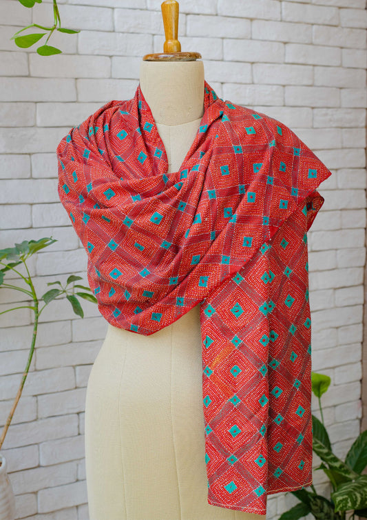 Hand Embroidered Kantha Work Dupatta in Rust Colour