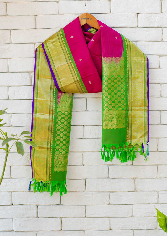 Handloom Handwoven Pink with Green Border Pure Silk Dupatta