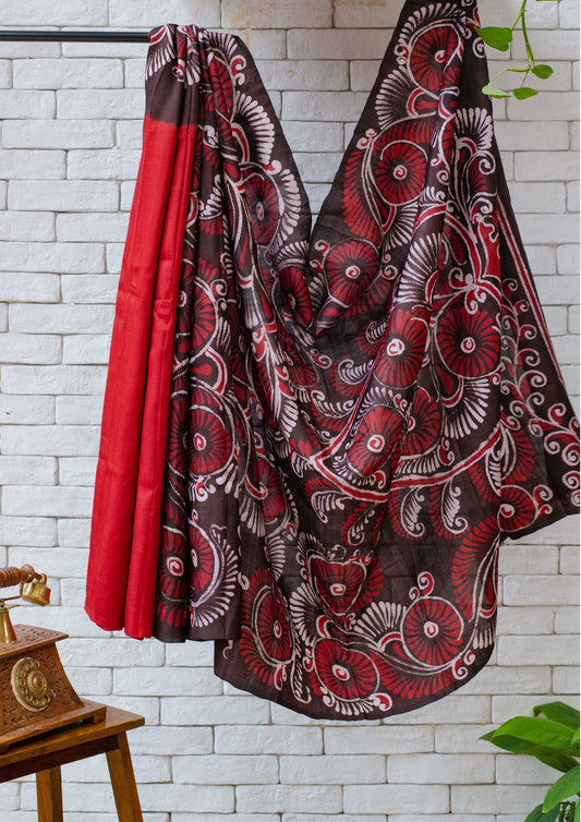 Handloom Red Tussar Saree with Batik Handpainting