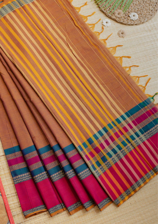 Narayanpet Brown Cotton Saree with multi coloured contrasting Border