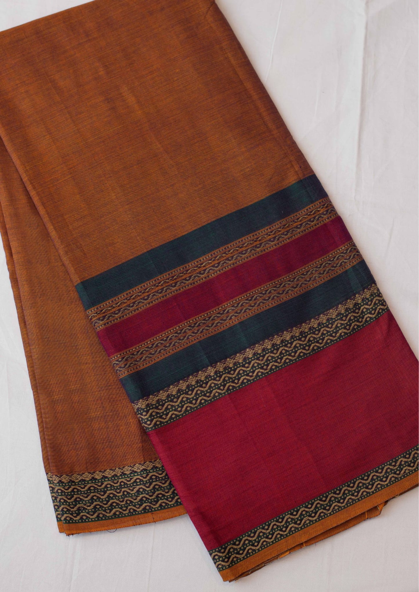Narayanpet Brown Cotton Saree with multi coloured contrasting Border