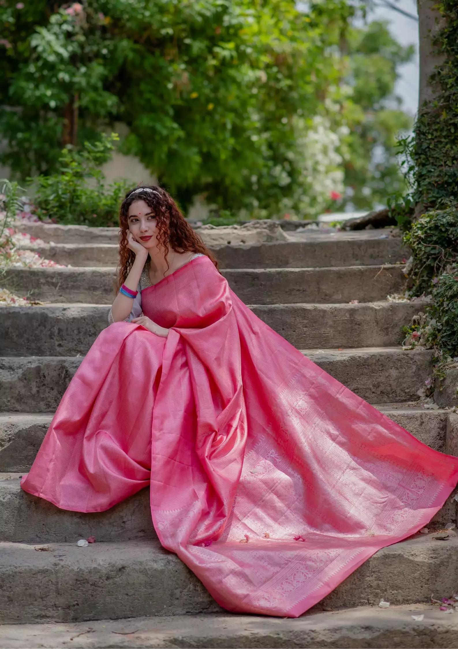 Pure Silk Handloom Kanchi Saree in Pink Colour