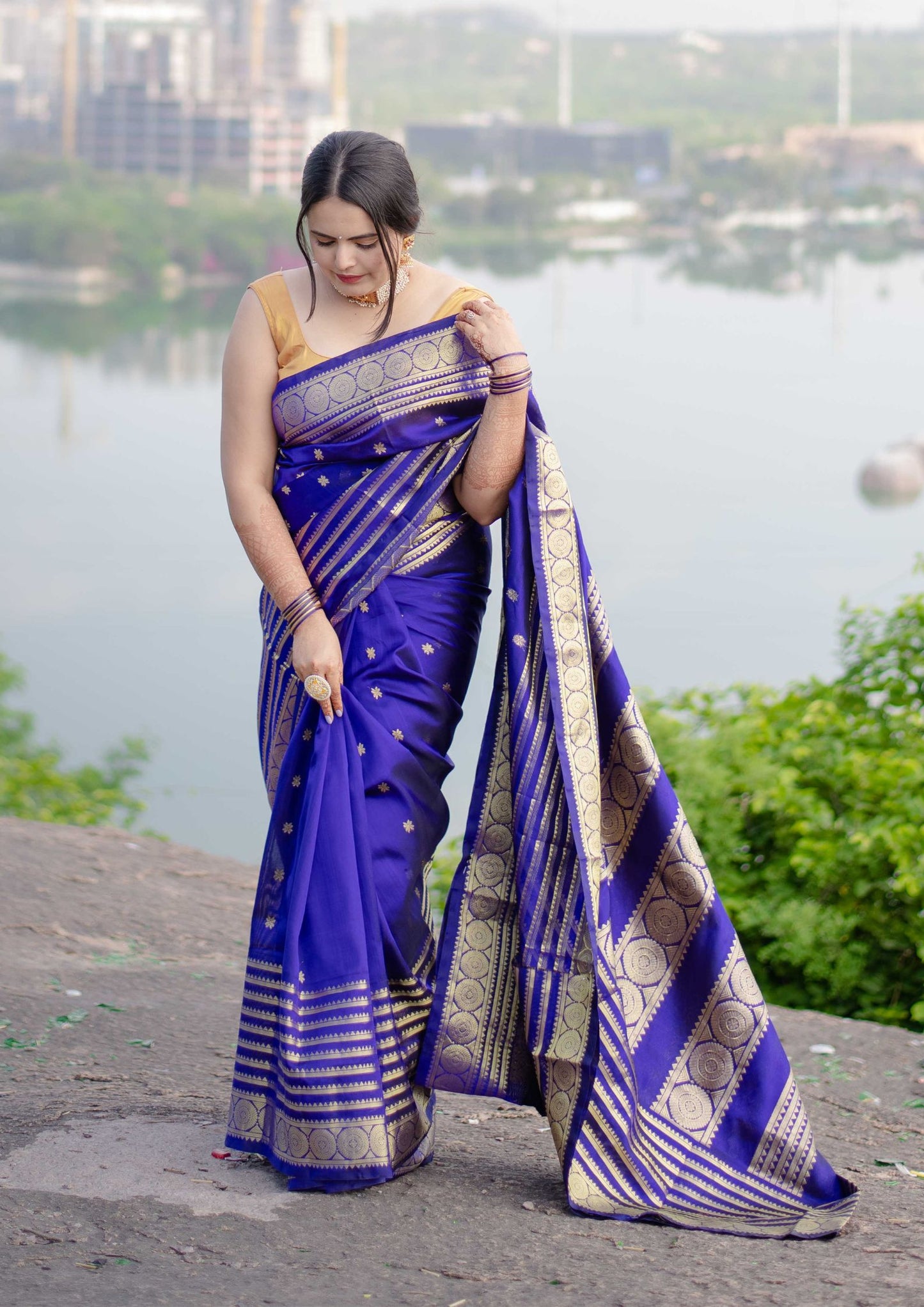 Pure Silk Handloom Kanchi Saree in Blue Colour