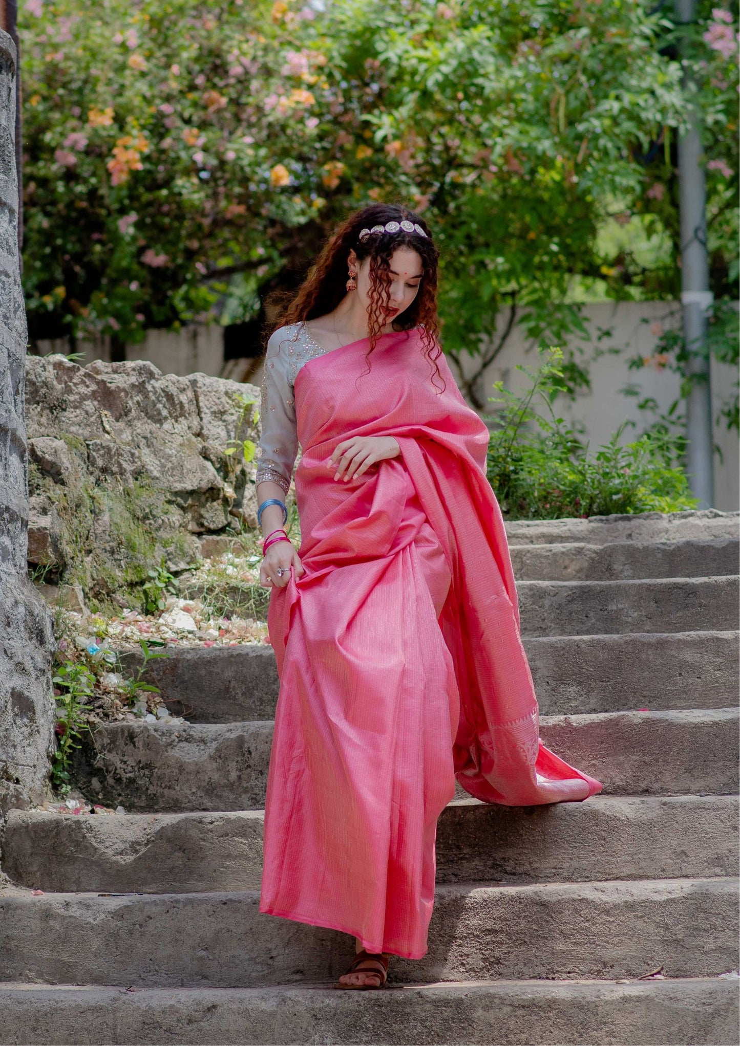 Pure Silk Handloom Kanchi Saree in Pink Colour