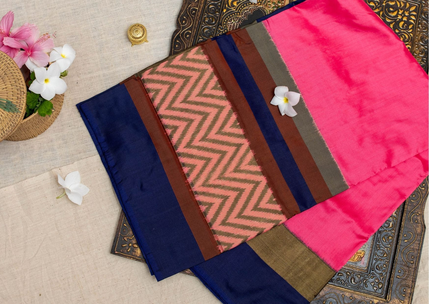 Ikat Silk Saree in Pink and Navy Blue