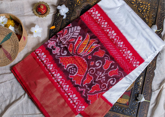 Ikat Silk Saree in White and Red with Zari