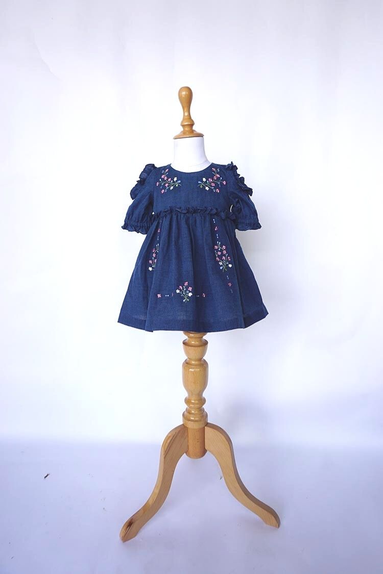 Blue Embroidered Dress with Cold Shoulder for kids