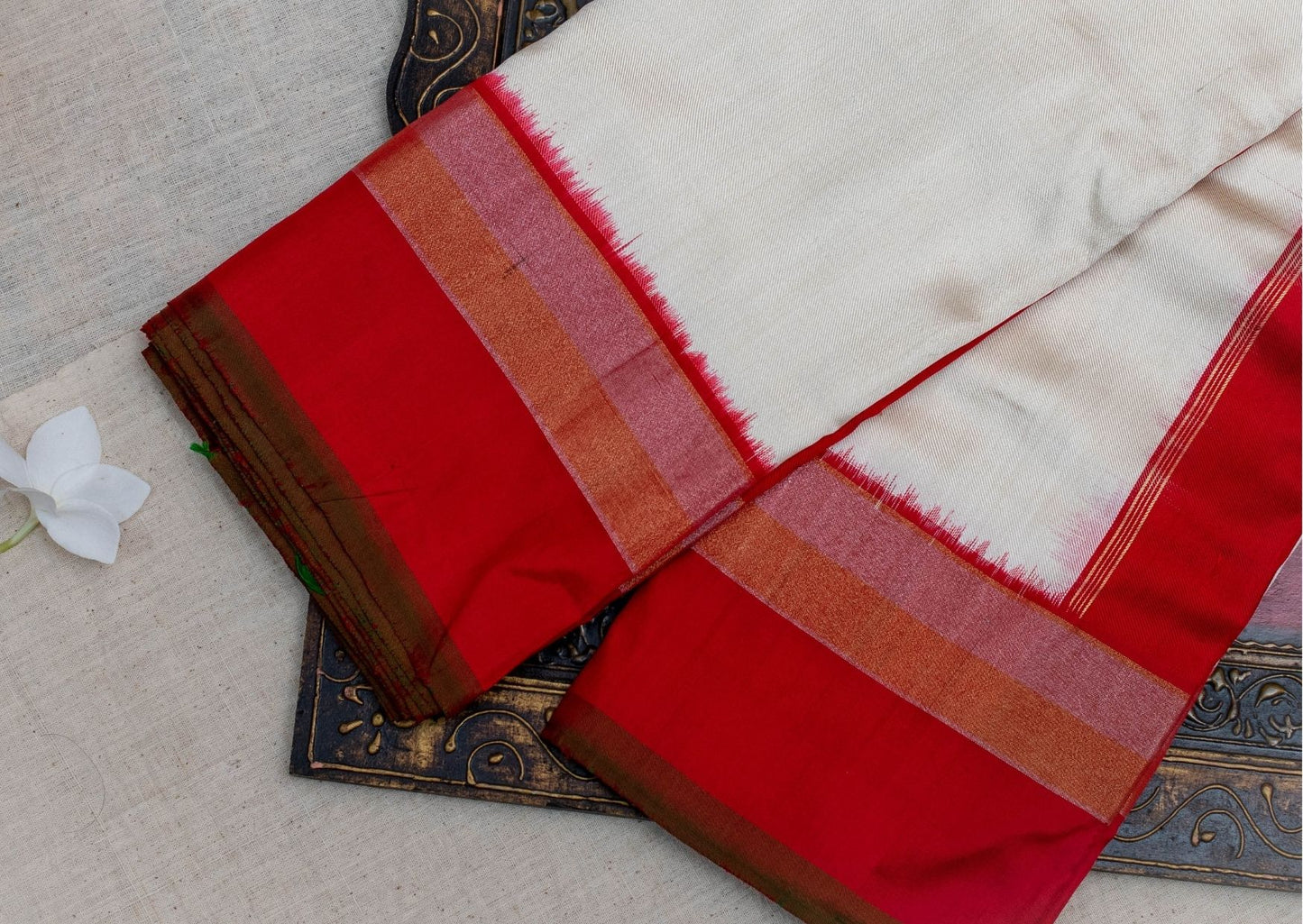 Twill Weave Ikat Silk Saree in White and Red