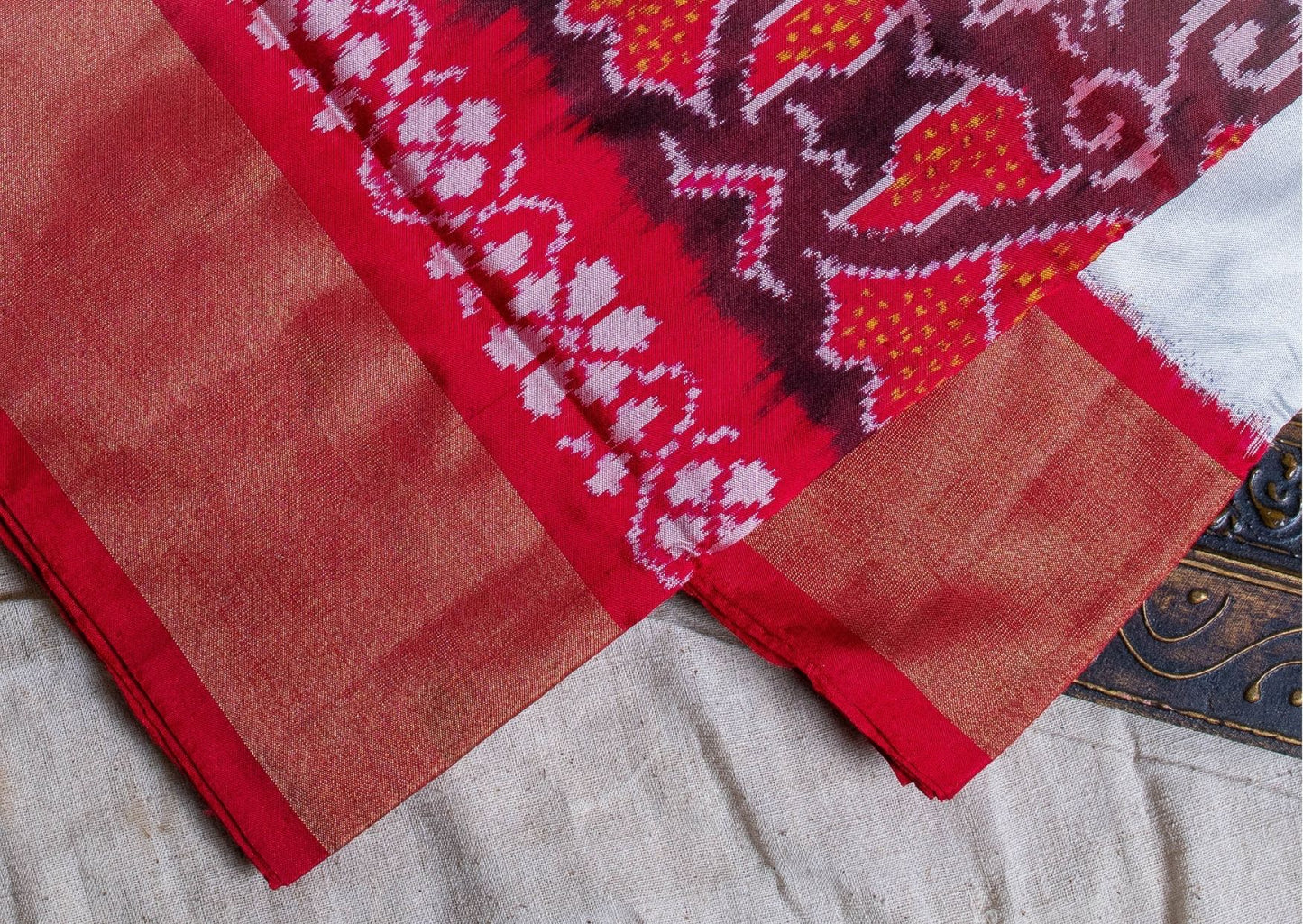 Ikat Silk Saree in White and Red with Zari