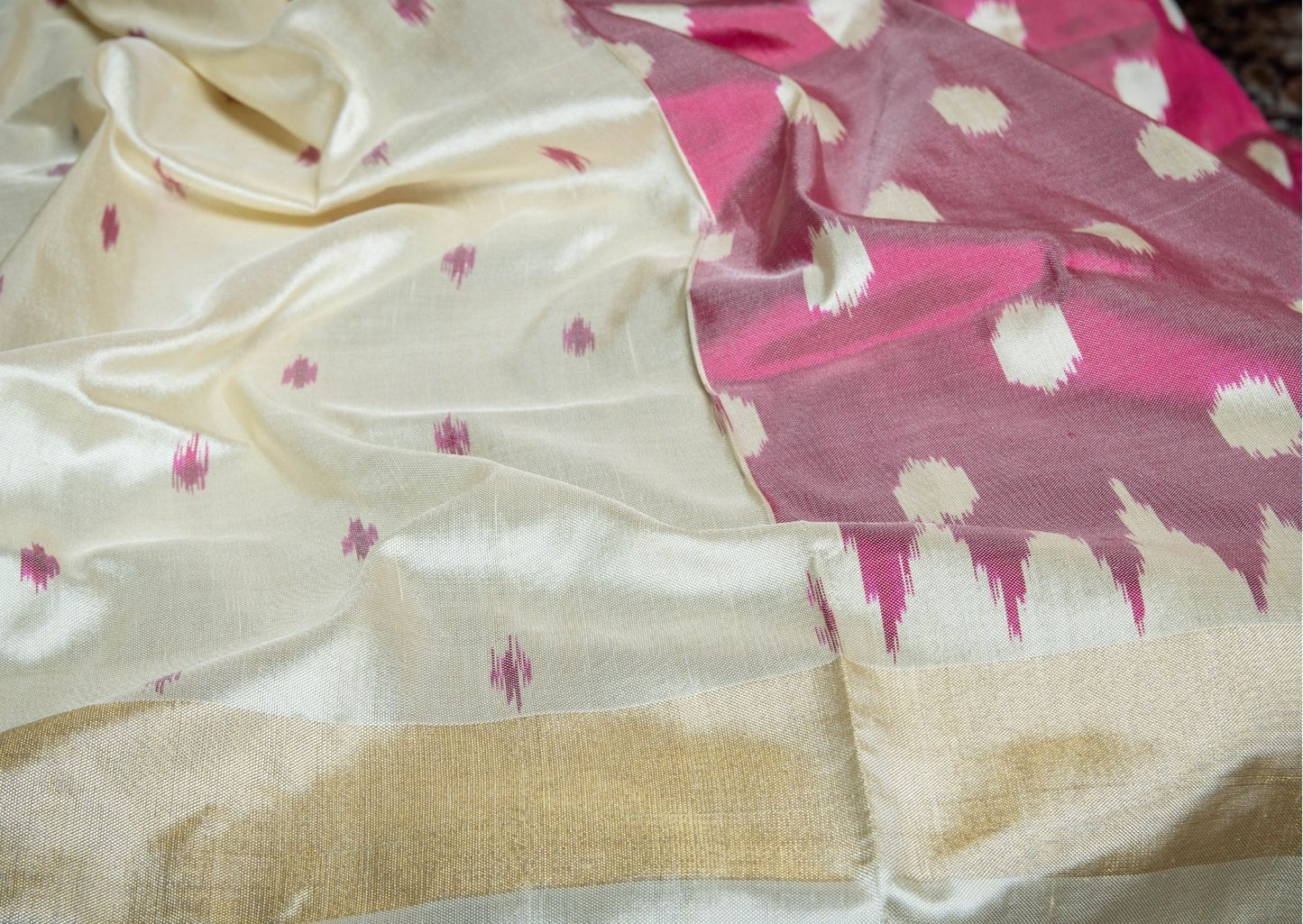 Ikat Silk Saree in Off White & Onion Pink