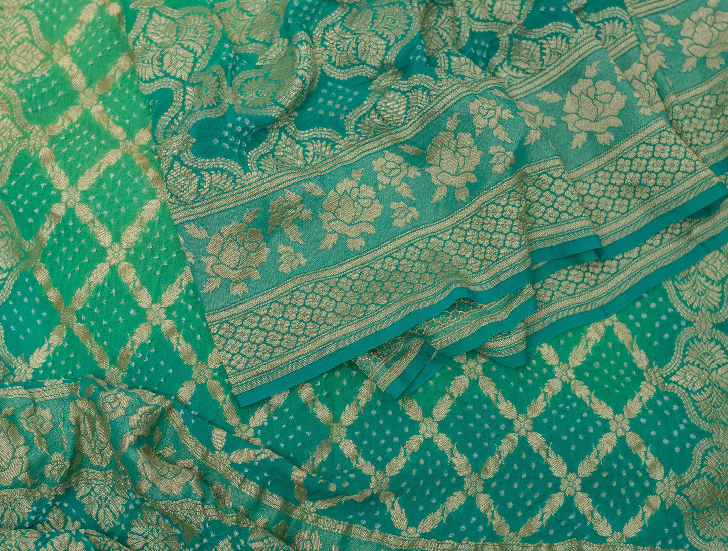 Rama Green Pure Silk Georgette Banarasi Bandhani Saree
