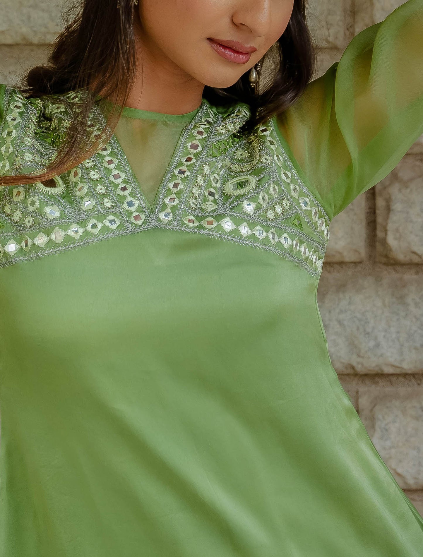 Green Mirror Embroidered Organza Sleeves Dress