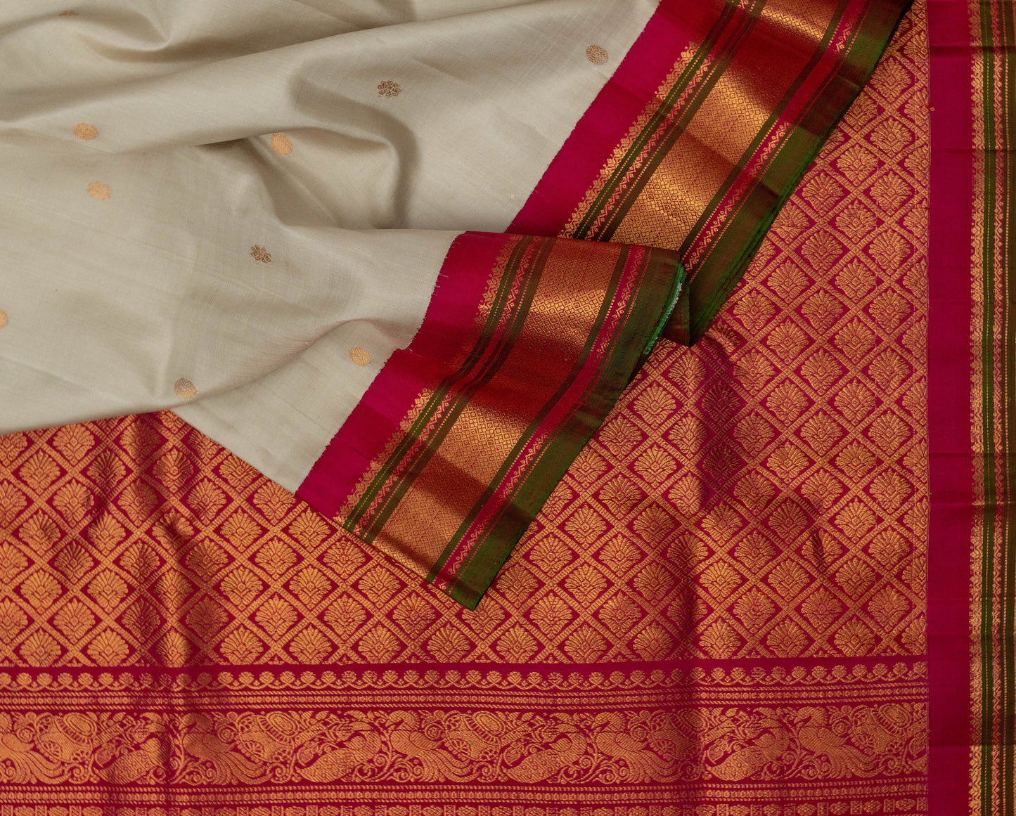 Handwowen Pure Silk Beige Gadwal Saree with Pink Border