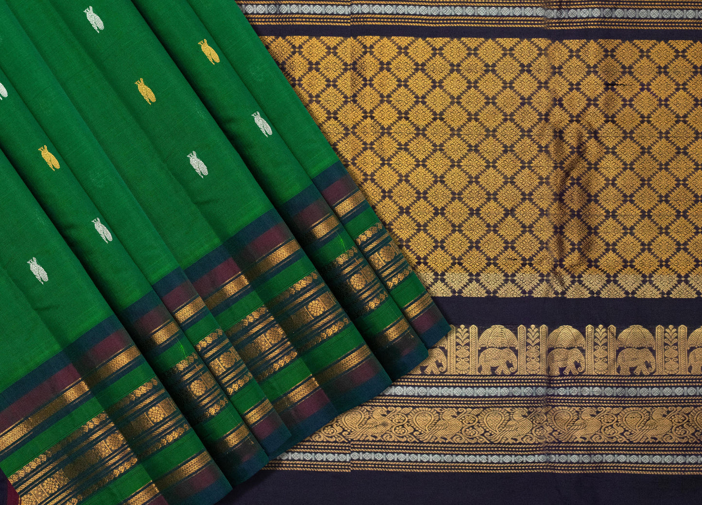 Handloom Green Sico Gadwal Saree with Butti Weaving