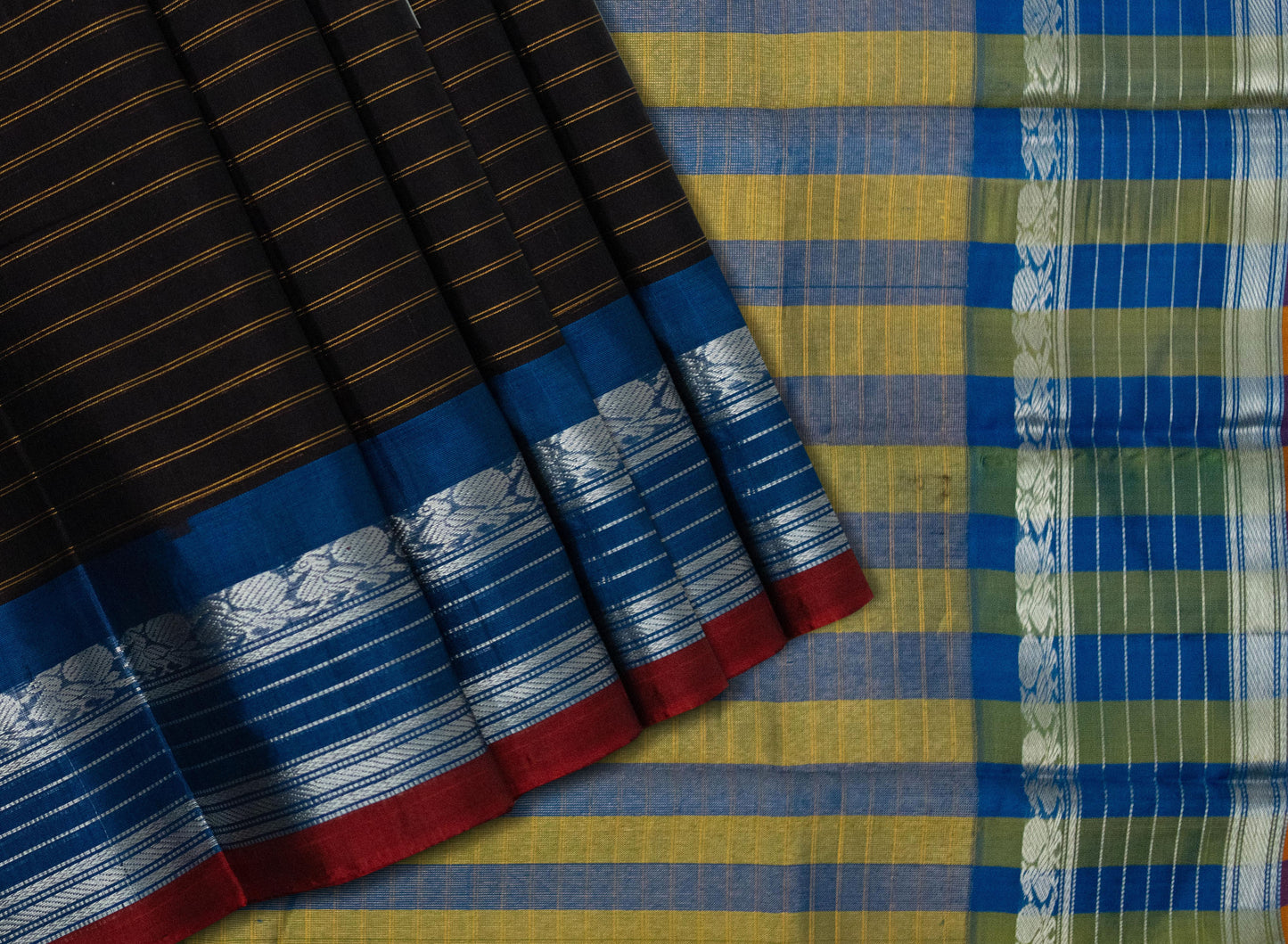 Brown Handloom Sico Gadwal Saree with Blue Border