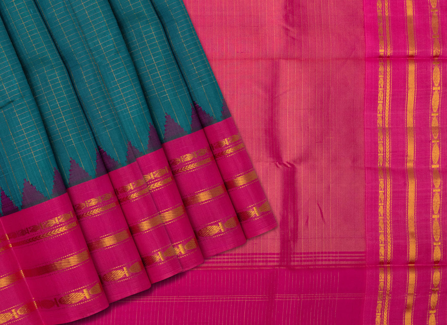 Handloom Pure Silk Checks Gadwal Saree in Teal with Pink Border