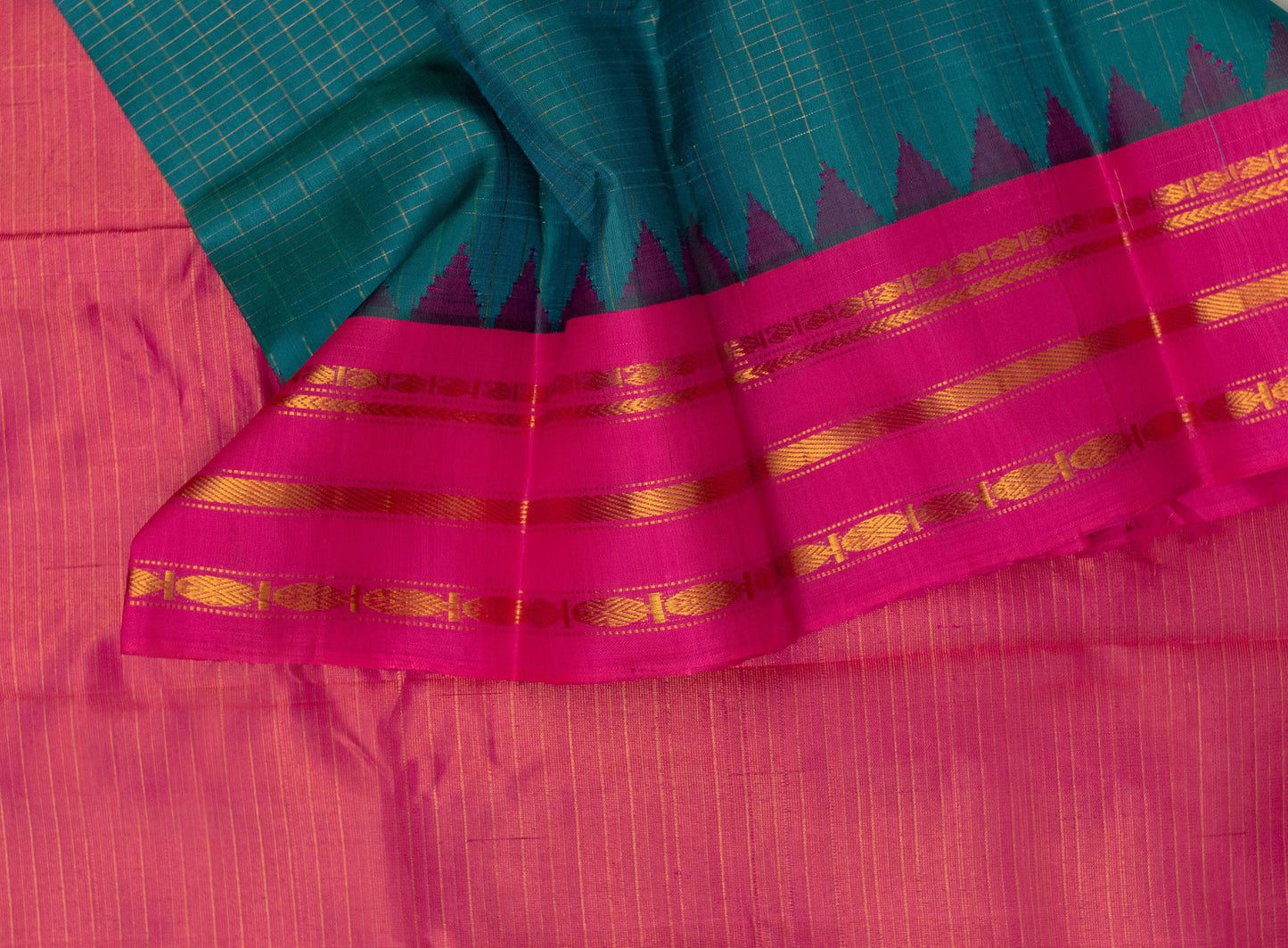 Handloom Pure Silk Checks Gadwal Saree in Teal with Pink Border