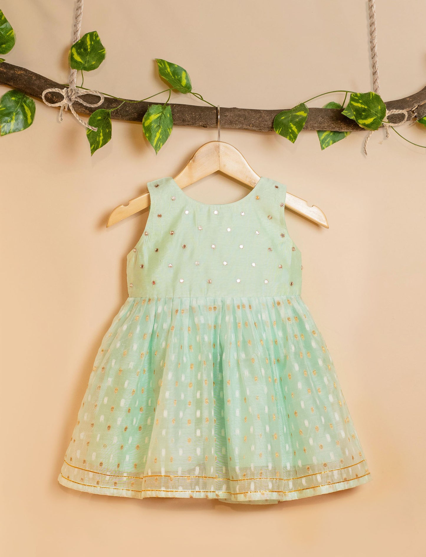 Pastel Green Chanderi Frock with Mirror Embroidery for kids