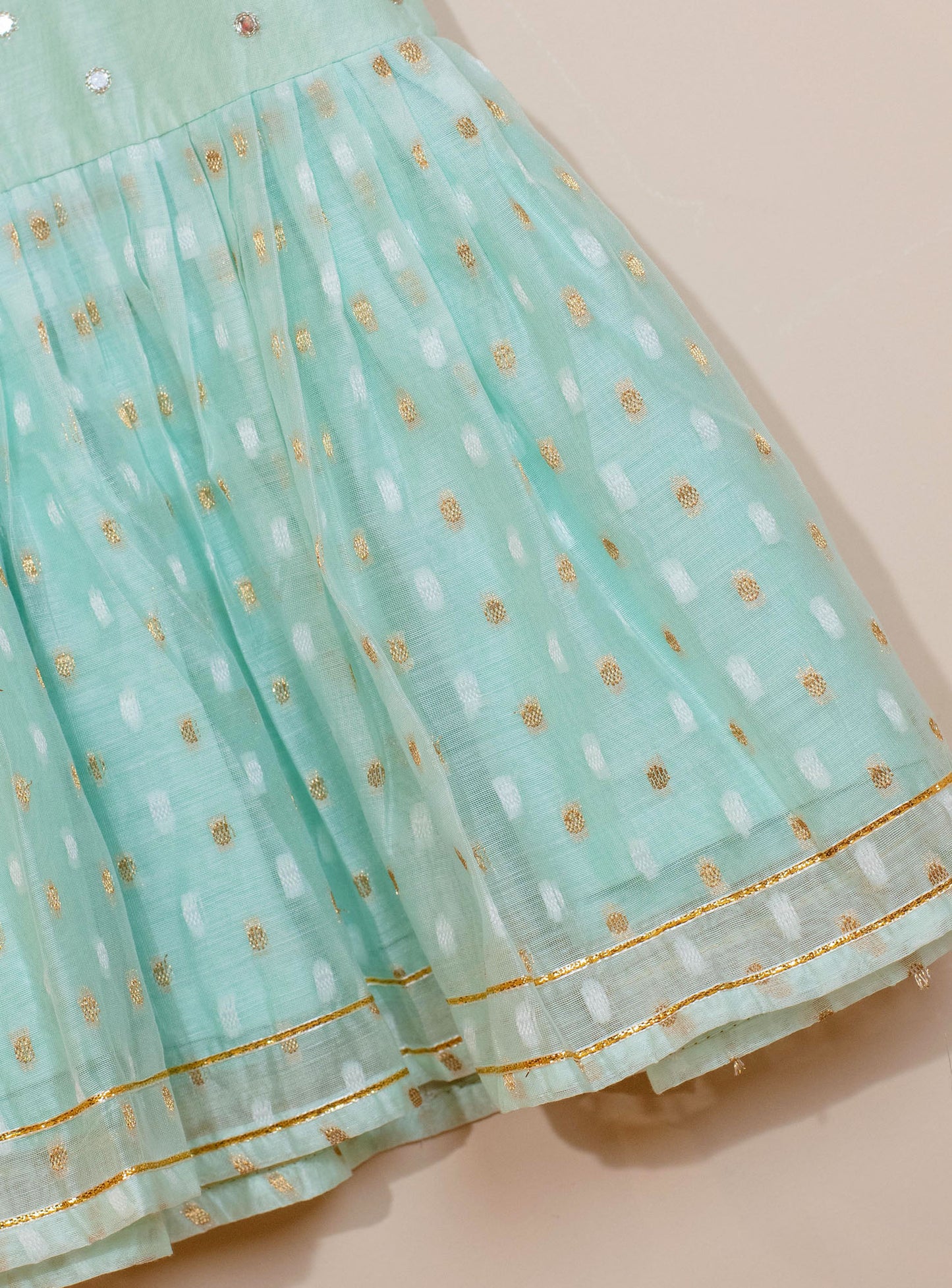 Pastel Green Chanderi Frock with Mirror Embroidery for kids