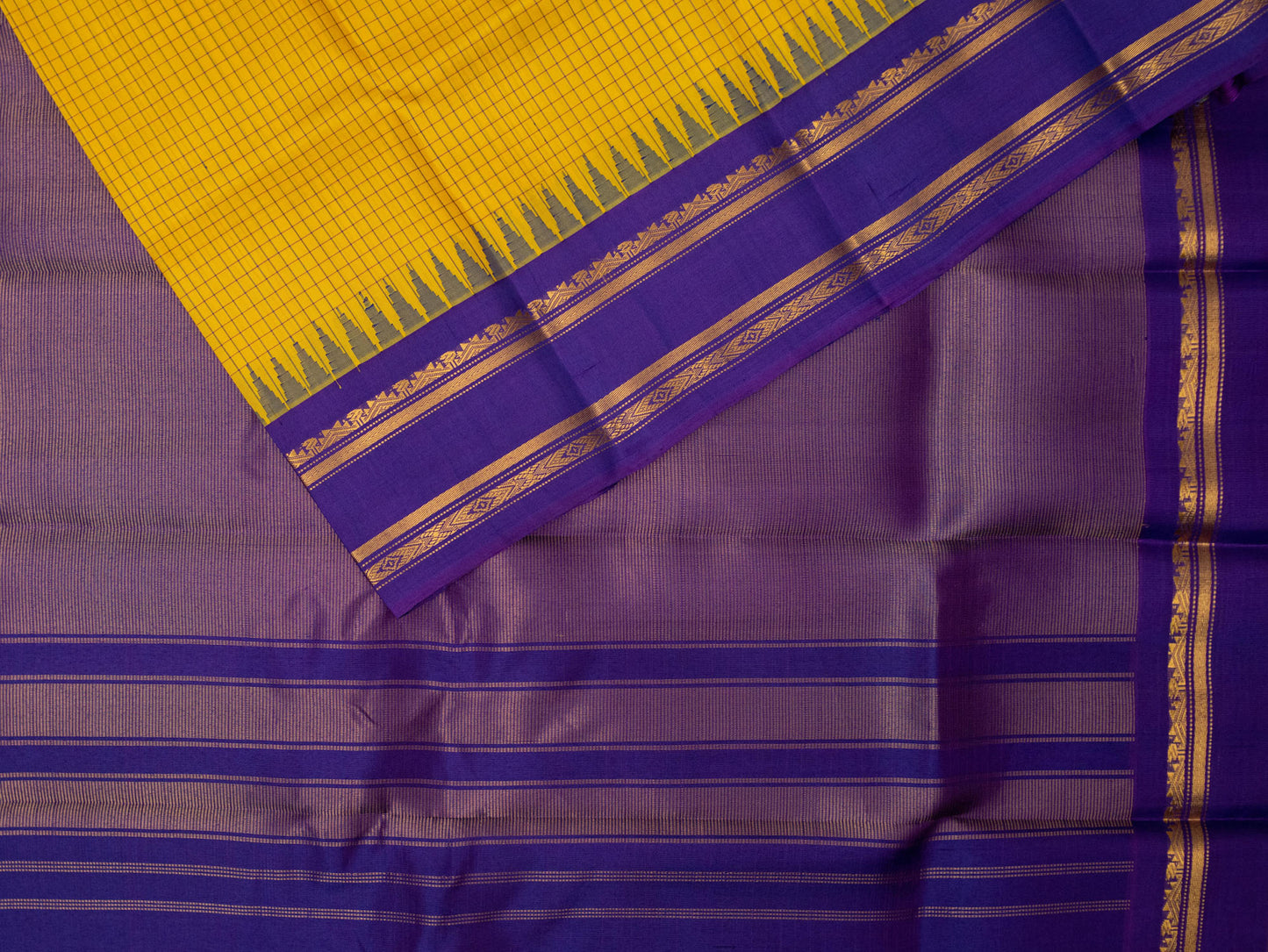 Handloom Pure silk Checks Gadwal Saree in Yellow with Purple Border