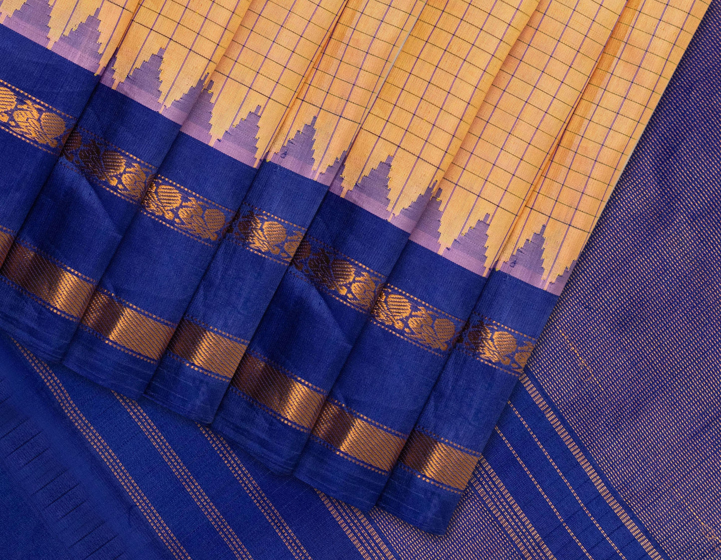 Handloom Pure Silk Checks Saree in Peach Colour with Blue Border