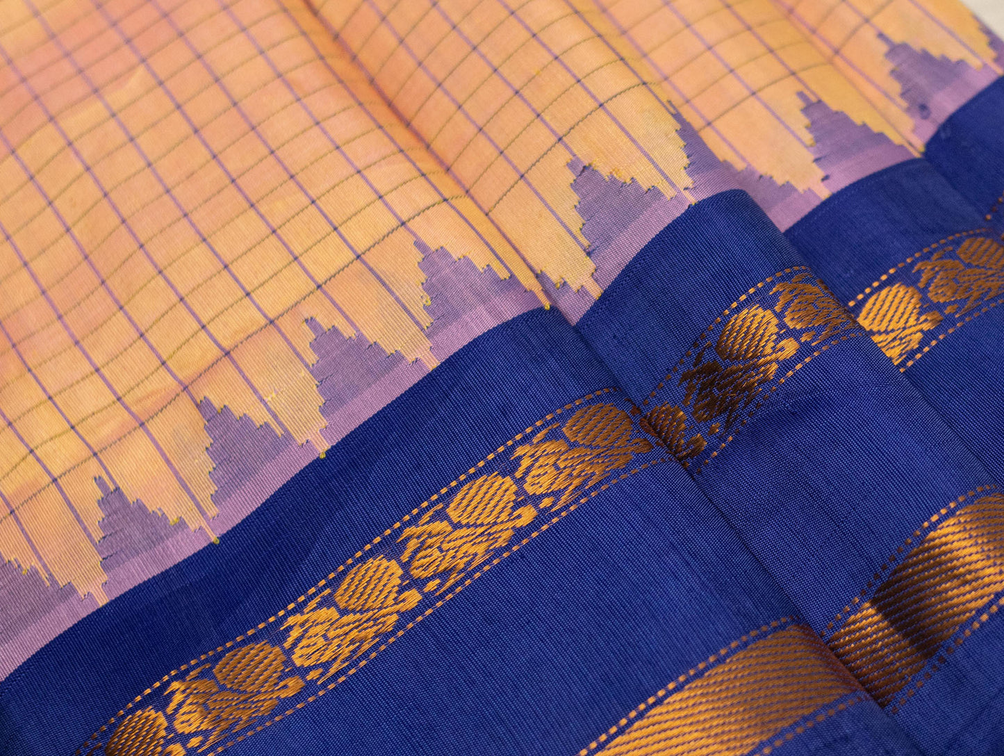 Handloom Pure Silk Checks Saree in Peach Colour with Blue Border