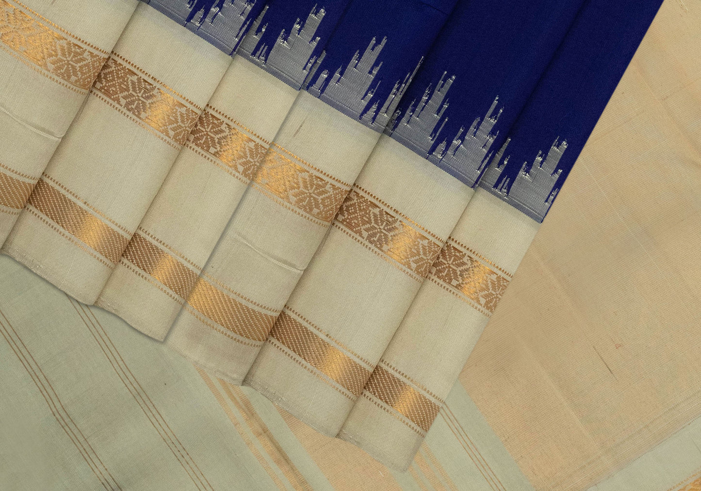 Handloom Pure Silk Ink Blue Saree with Off White Border